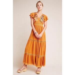 MAEVE Anthropologie Sunshine Embroidered Maxi Tiered Dress‎ Pumpkin Cider Sz 0